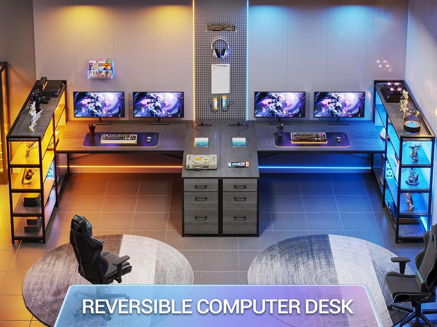 Grey 64.5" Reversible Office Desk with Fabric File Drawer, Computer Desk with Storage Bookshelf and Drawers, Corner Computer Desk with Power Outlet & LED Strip