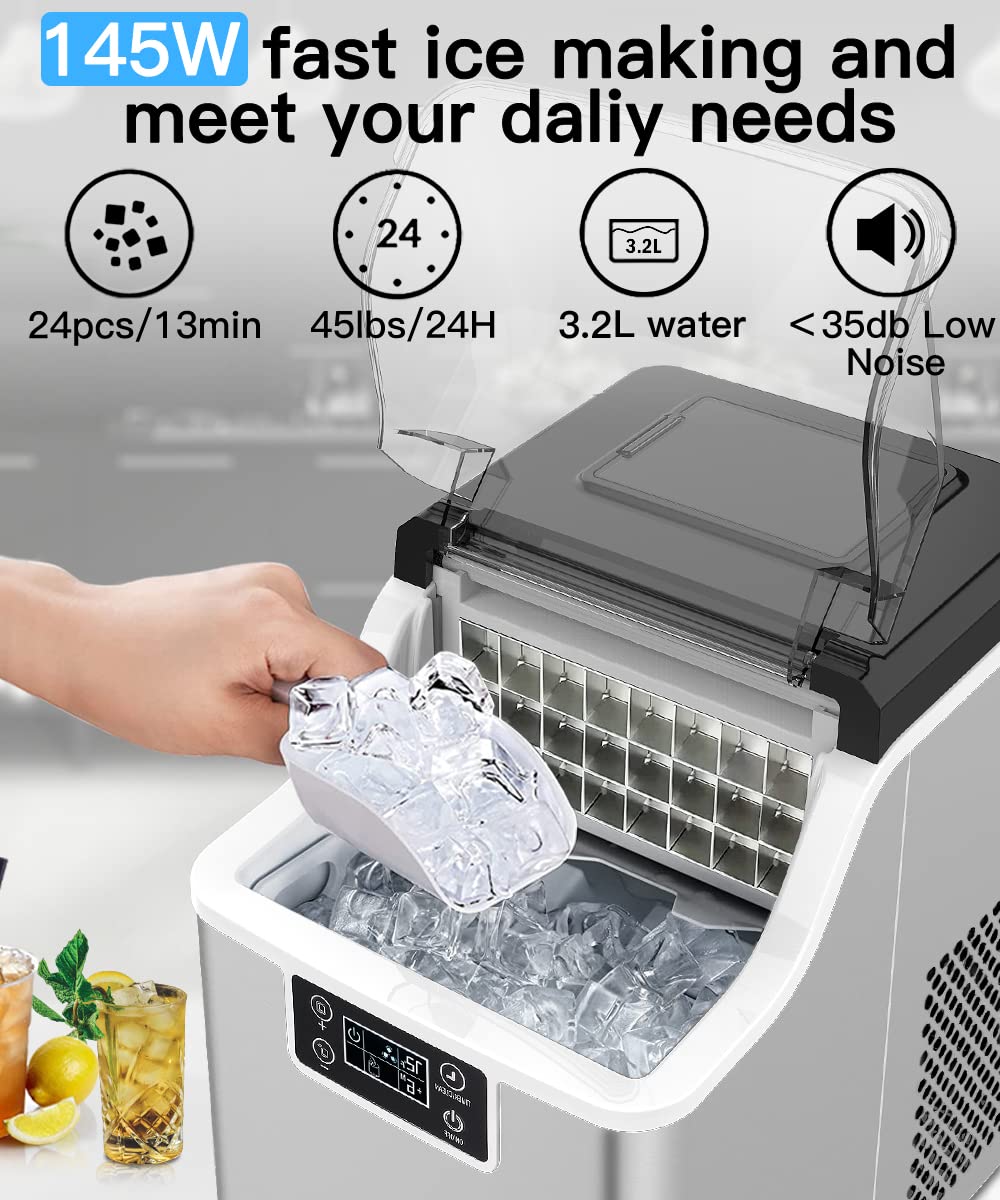 Joy Pebble Portable Square Ice Maker 44lbs/Day,2 Ways Water Refill,Self-Clean,Silver