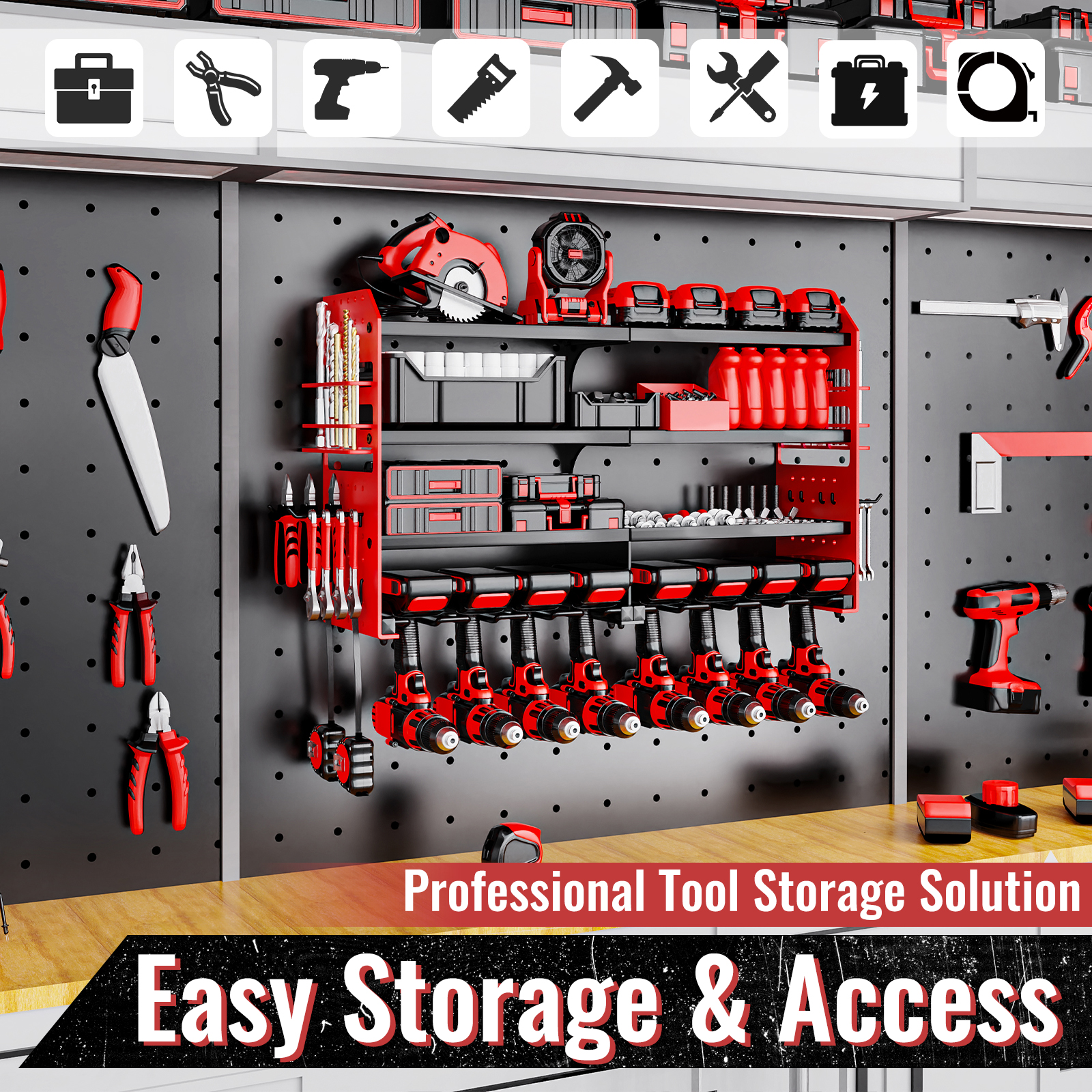 VeyFolzin.st Metal Power Tool Organizer Rack Wall Mount, Garage Tool Drill Storage Shelves with Screwdriver Plier Holder