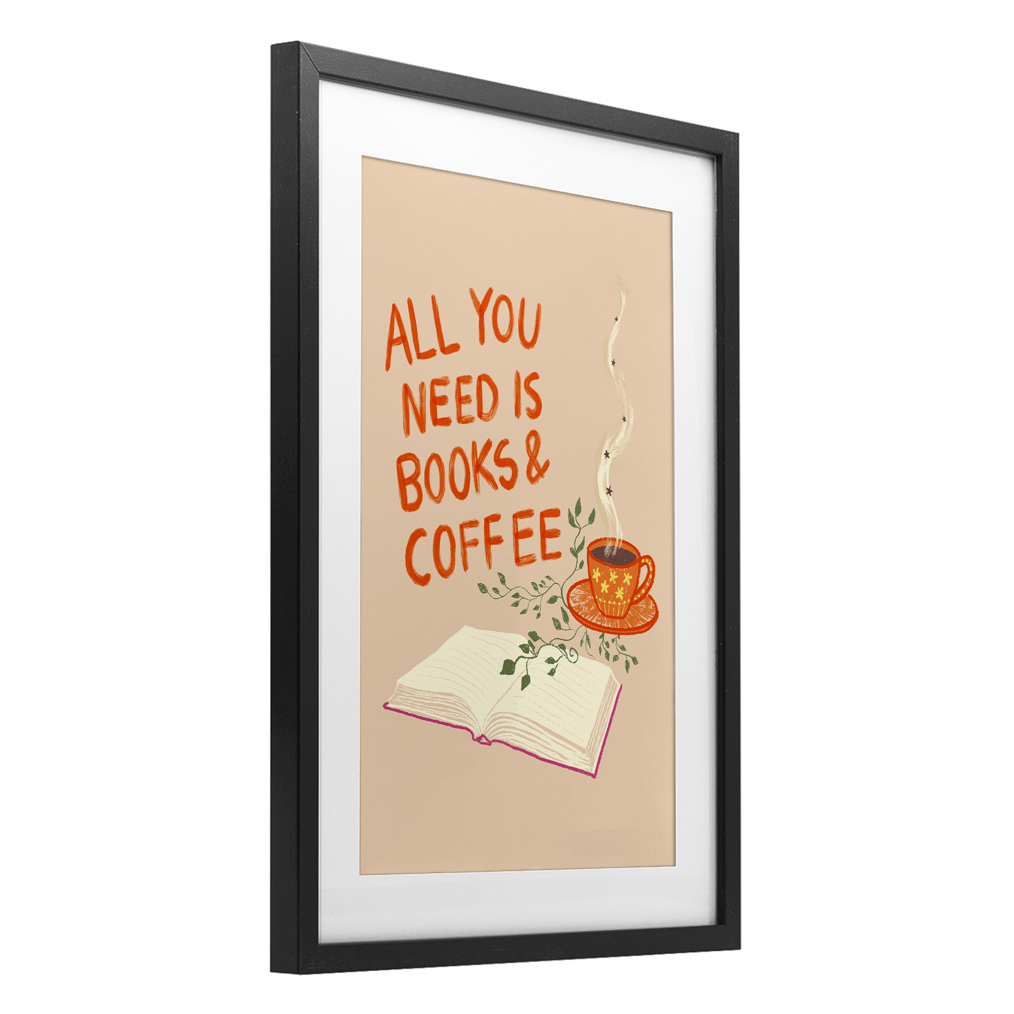 Need Books & Coffee Black Framed Print Under Glass, design by Florentina Dolci