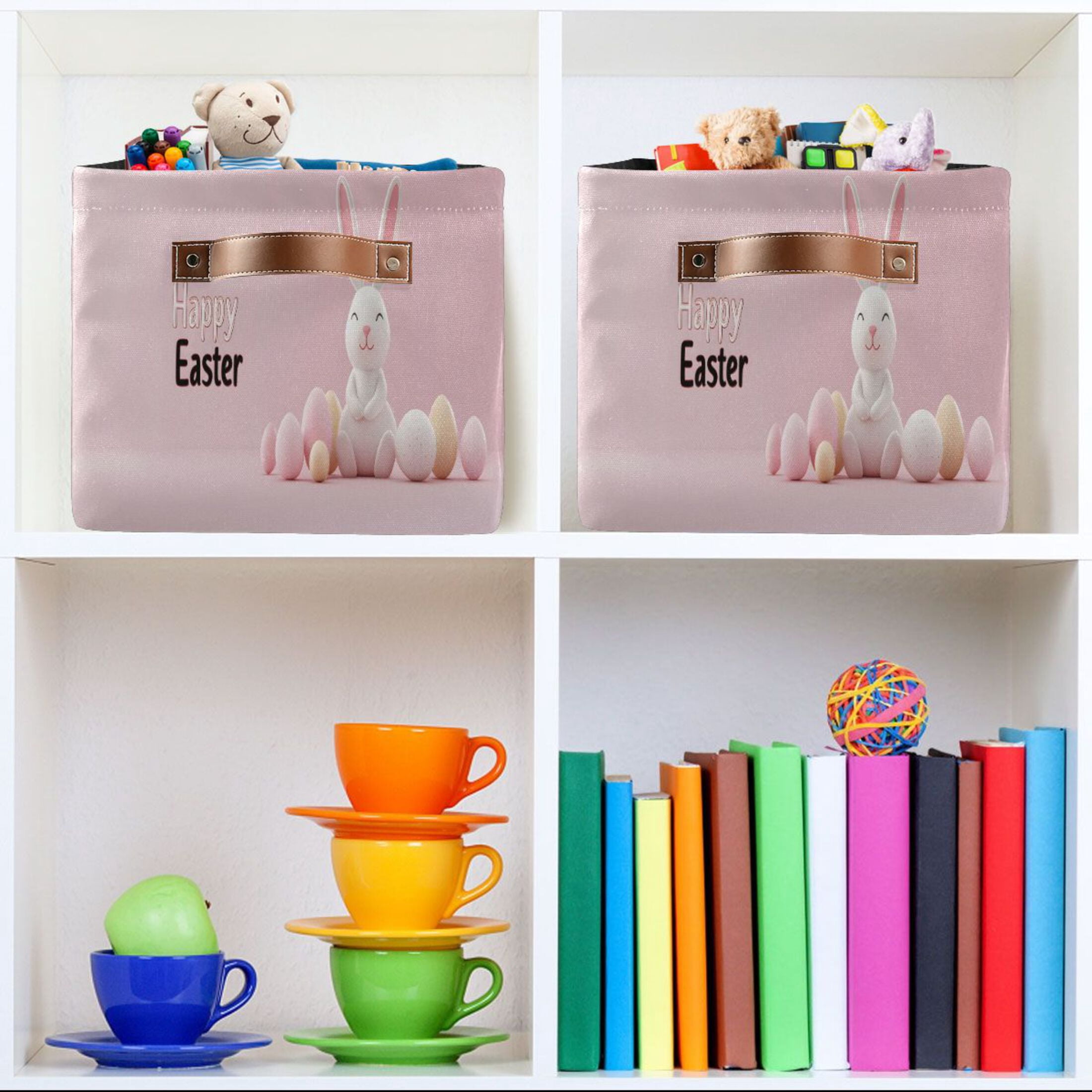 Ryvnso Cute Happy Easter Rabbit Storage Basket Large Bin Foldable Boxes Toys Organizer 14.2x10.2x8.3in 2 PCs