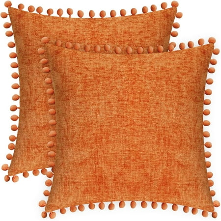 

CaliTime Throw Pillow Cases Pack of 2 Cozy Solid Dyed Soft Chenille Cushion Covers with Pom Poms for Couch Sofa Home Decoration 16x16 Inches Burnt Orange