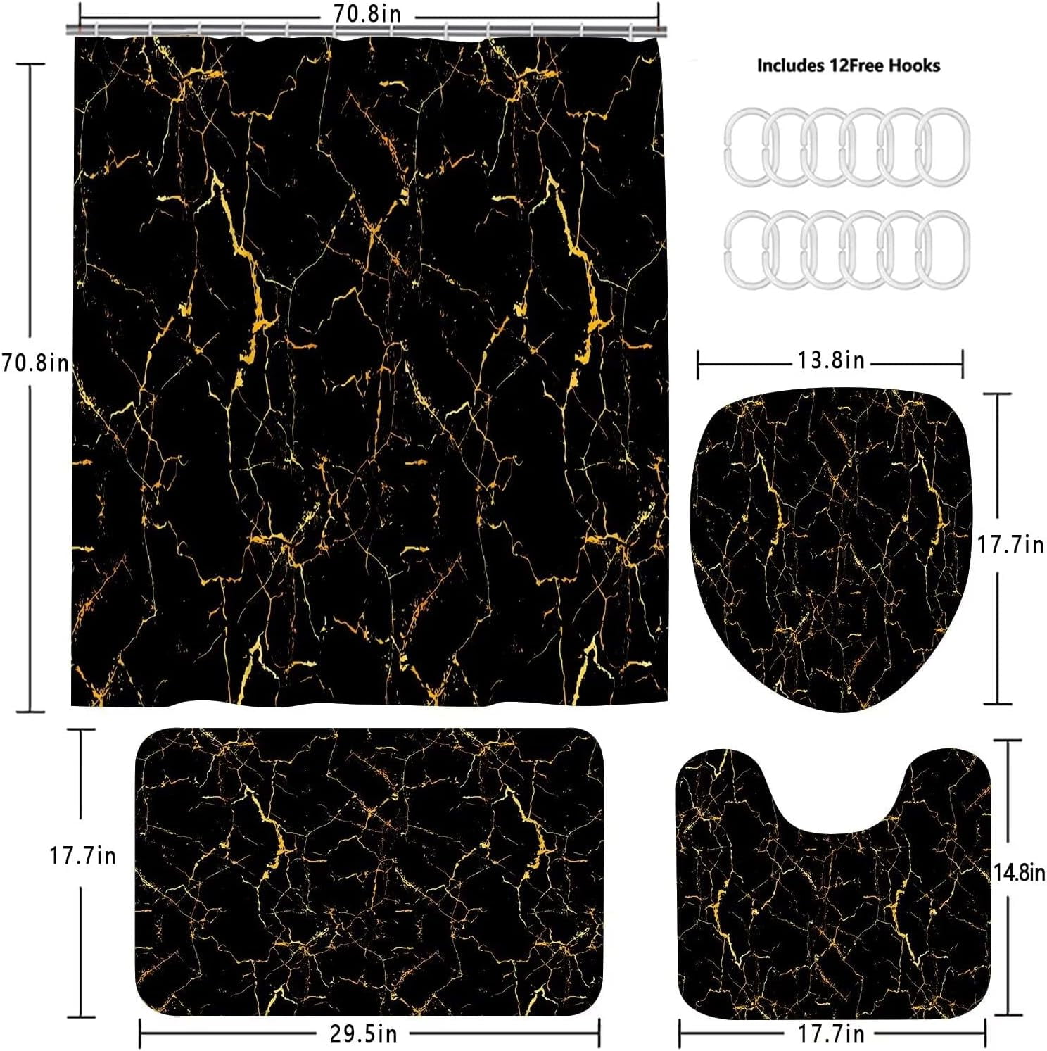 4 Pcs Shower Curtain Sets Black and Gold Marble Bathroom Sets with Shower Curtain and Rugs and Accessories Luxury Bathroom Curtain Decor Sets with 12 Hooks