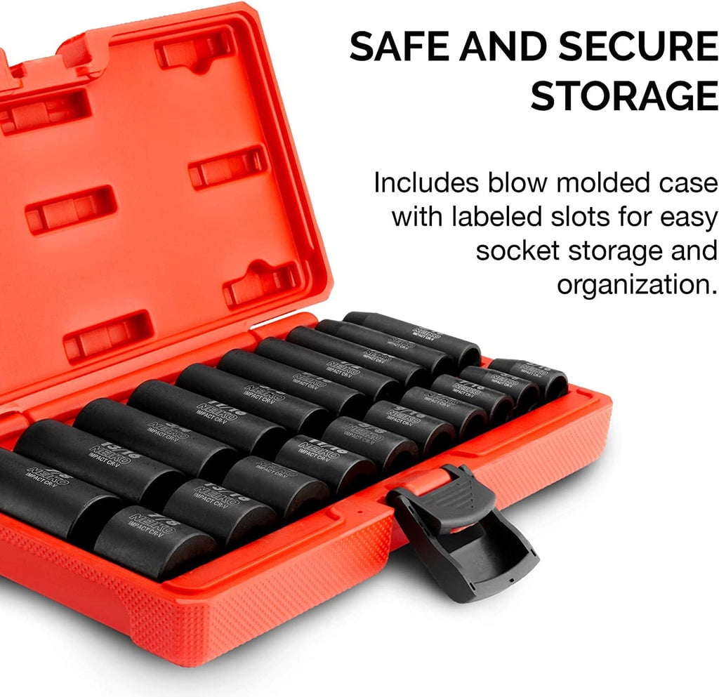 NEIKO 02434A 3/8-Inch-Drive Standard and Deep Impact Socket Set, 6-Point SAE Sizes from 5/16" to 7/8", CrV Steel, 20 Pieces