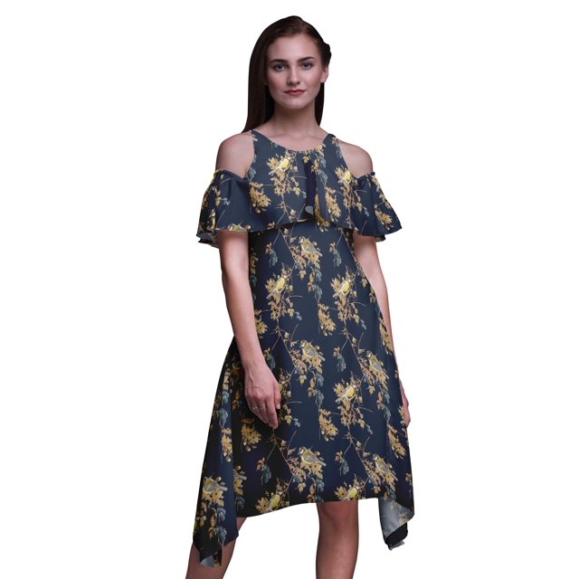 Bimba Blue Bird Print Flutter Sleeve Womens Party Tunic Cold Shoulder Midi Dress - X-Small
