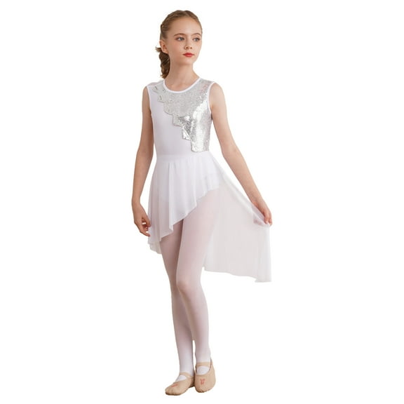 Xnihocha Kids Girls Sequins Lyrical Dance Costume Sparkly Ballet Dress Dancewear White 10