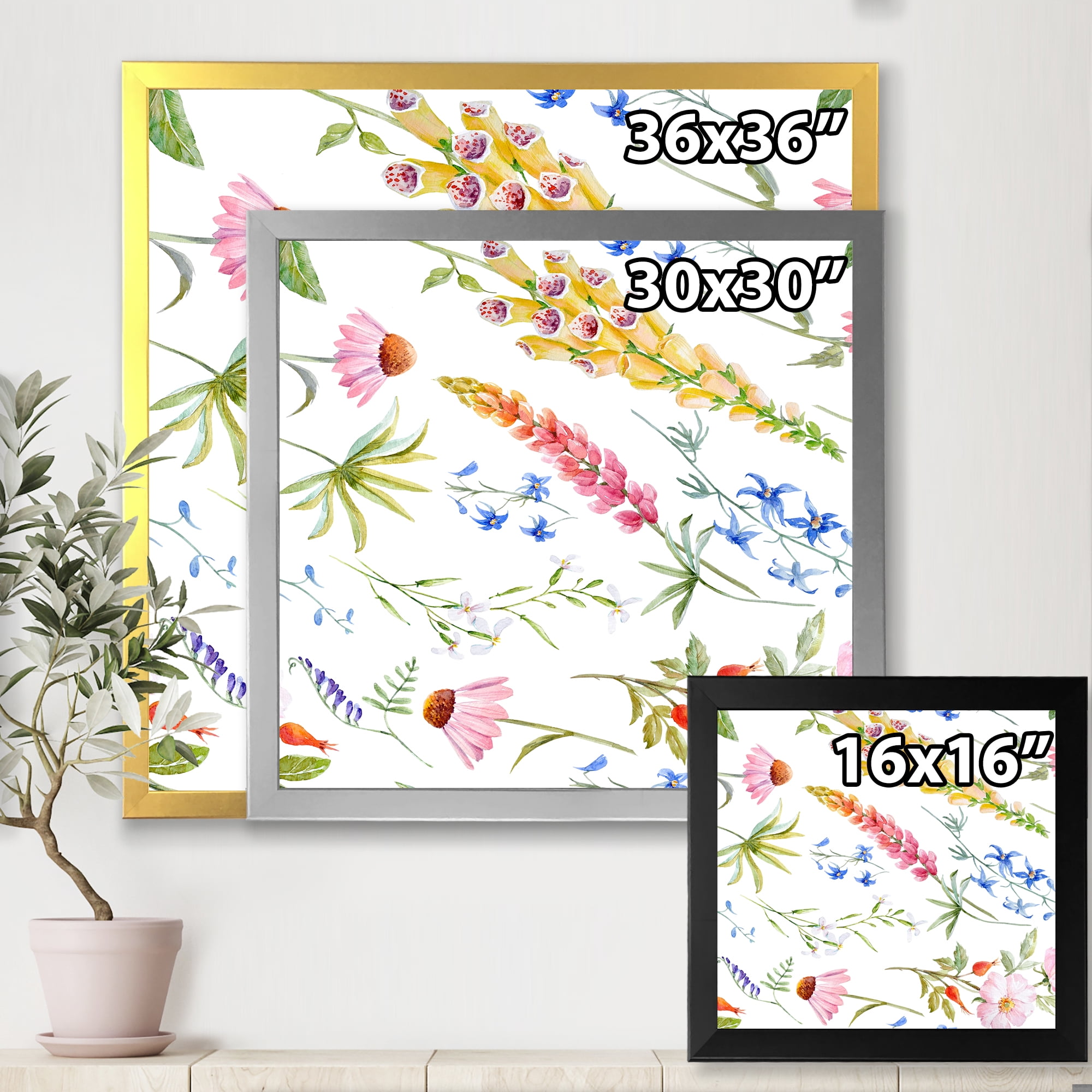 Designart 'Vibrant Summer Wildflowers On White I' Traditional Framed Art Print