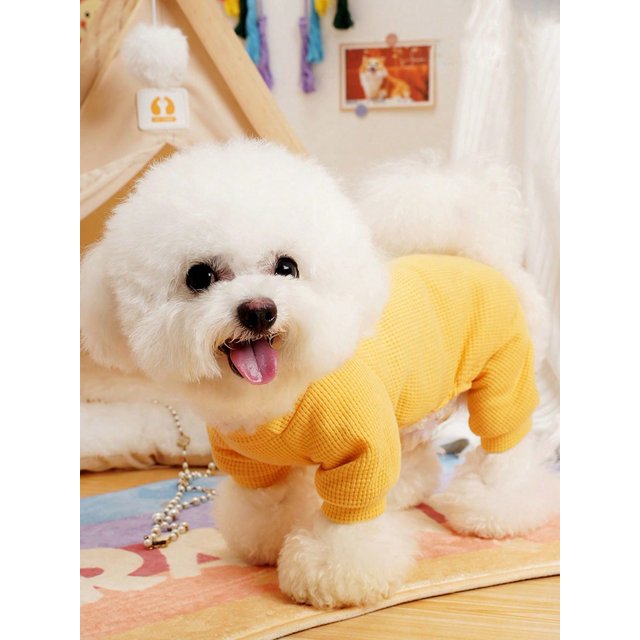 1pc Yellow Waffle Grid Four-Legged Pet Clothes For Cats And Dogs, Suitable For Daily Wear
