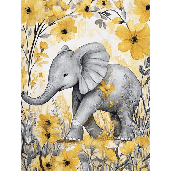 Grey Elephant and Yellow Flowers Canvas Wall Art Perfect for Living Room Bedroom Nursery Bathroom and Office Decor.