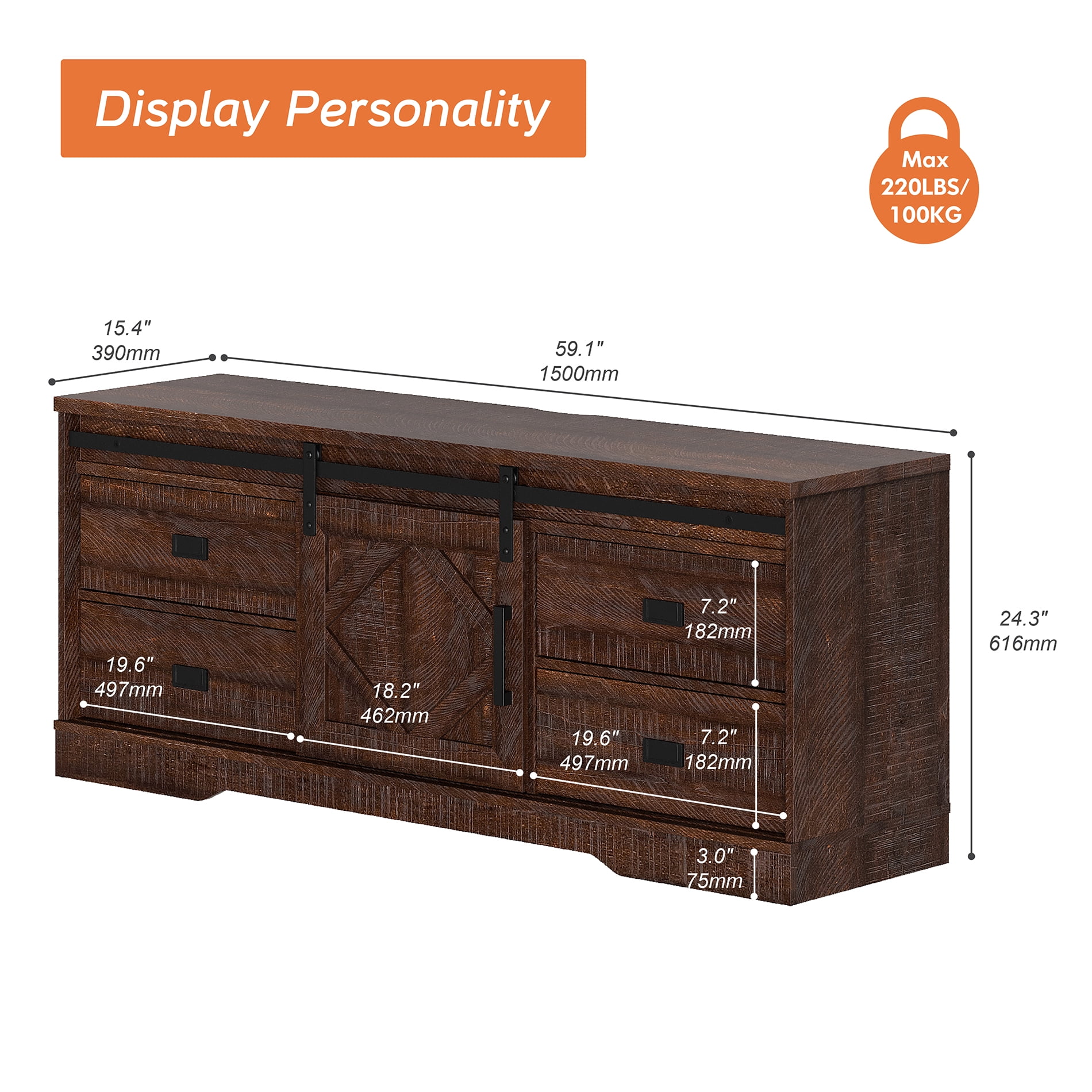 Wampat Modern Farmhouse TV Stand for 65" TV Rustic Brown Wood with Barn Door, Drawers & Storage
