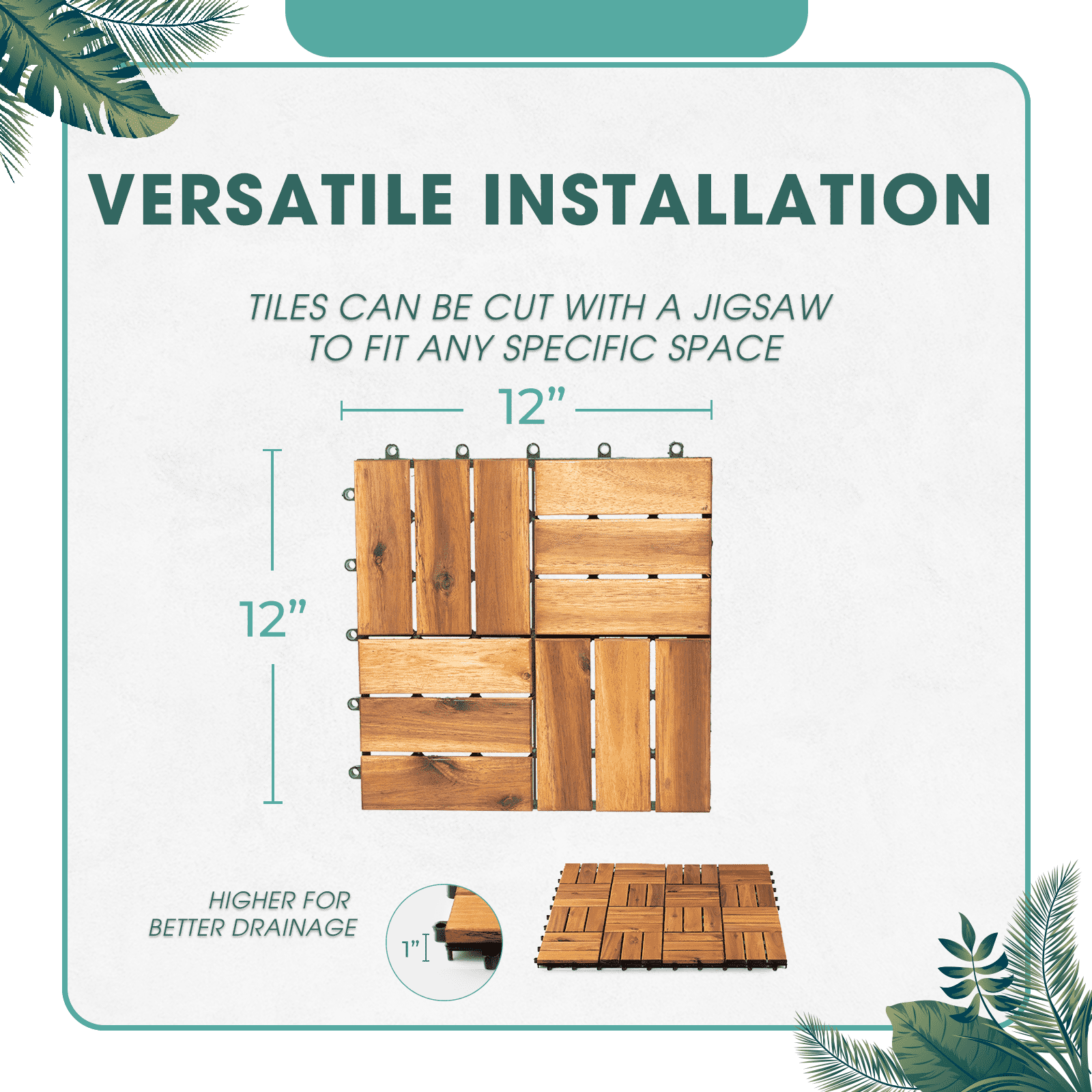 Interlocking Deck Tiles - 10 Pieces Waterproof Acacia Wood Patio Tiles, Flooring Tiles for Both Indoor and Outdoor - Decking 12 Slats, Golden Teak, 12 x 12 x 0.9 inches