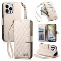 For Apple iPhone 16 Pro Wallet  Phone Case-PU Leather  Bowknot Magnetic Flip Cover with Card Slots,Zipper Pocket & Detachable Wrist Strap,Shockproof,White,For iPhone 16 Pro