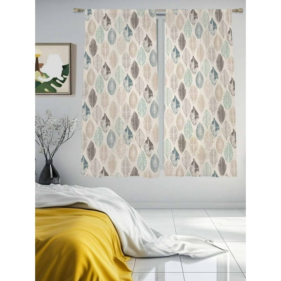 Leaves Specimens Sheer Curtains 63 inches Long 2 Panels Set Blue Khaki Teal Grey Burlap Background Tiers Sheers Rod Pocket Small Window Short Curtains for Kitchen Cafe, Each 52" W x 63" L
