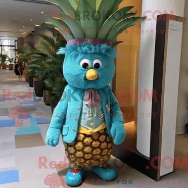 REDBROKOLY mascot character of a Turquoise Pineapple dressed with a Corduroy Pants and Cufflinks