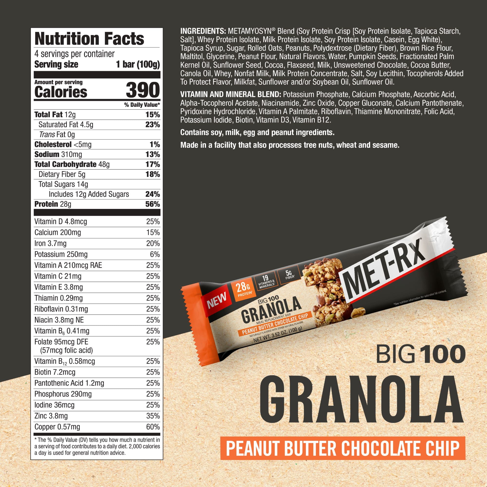MET-Rx Big 100 High Protein Meal Replacement Bars, Granola Peanut Butter, 28g Protein, 3.52 oz, 4 Count