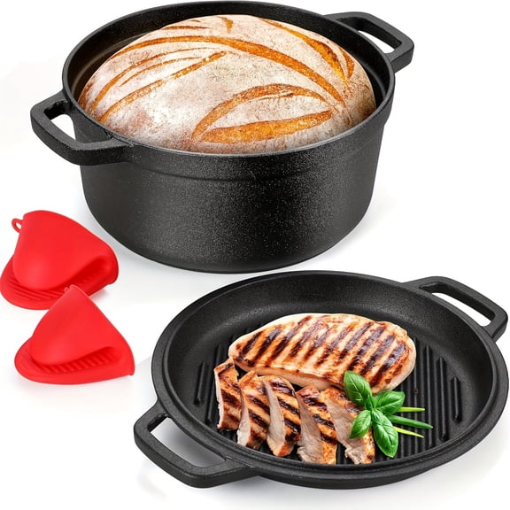 2-in-1 KUTIME Nonstick Cast Iron Dutch Oven with Skillet Lid, 5.5QT Enameled Pot for Baking, Stewing, Camping, BBQ, All Stovetops