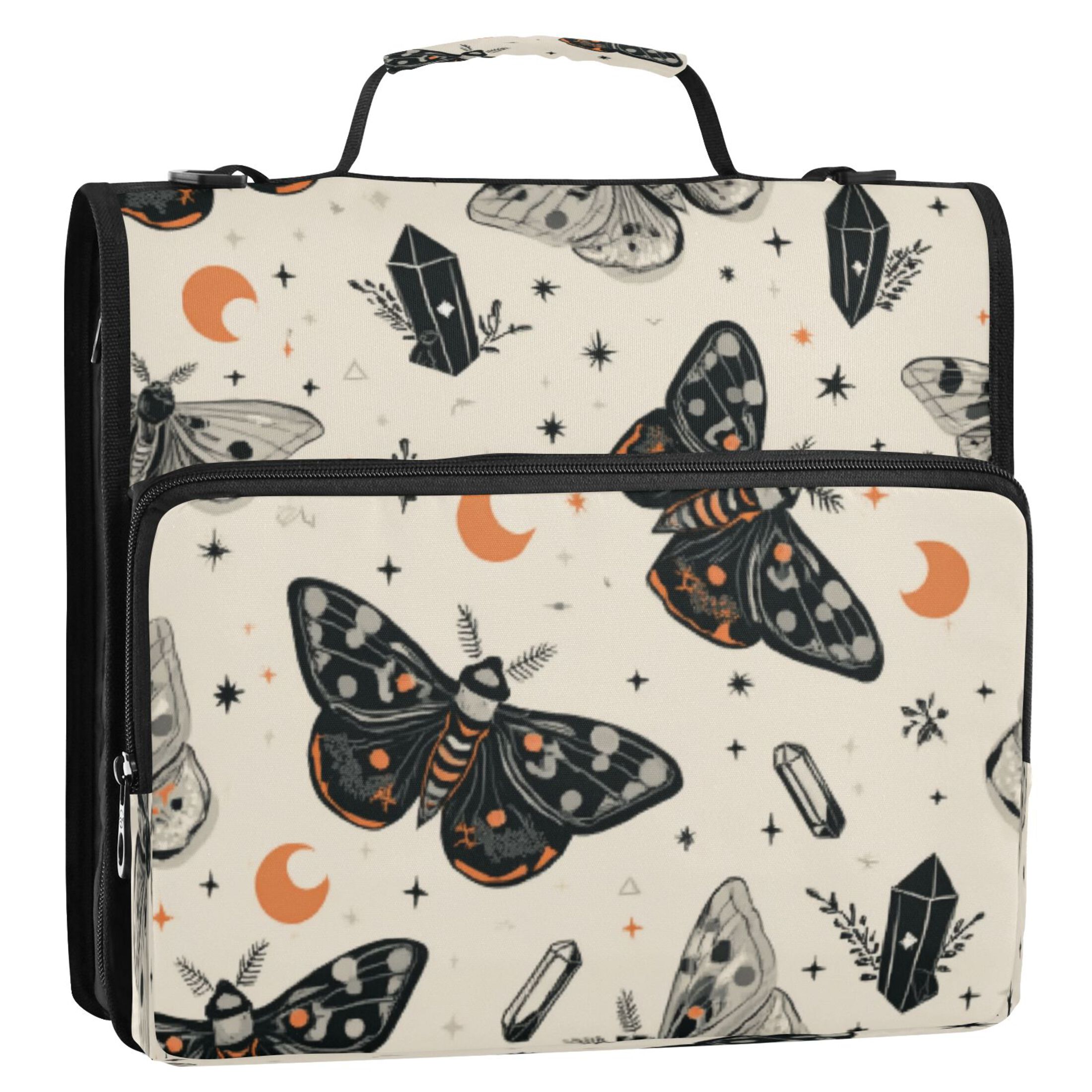 Water-Resistant 3-Ring Binder Organizer with Multiple Pockets Zipper Binder Bag for Office Black and White Moths