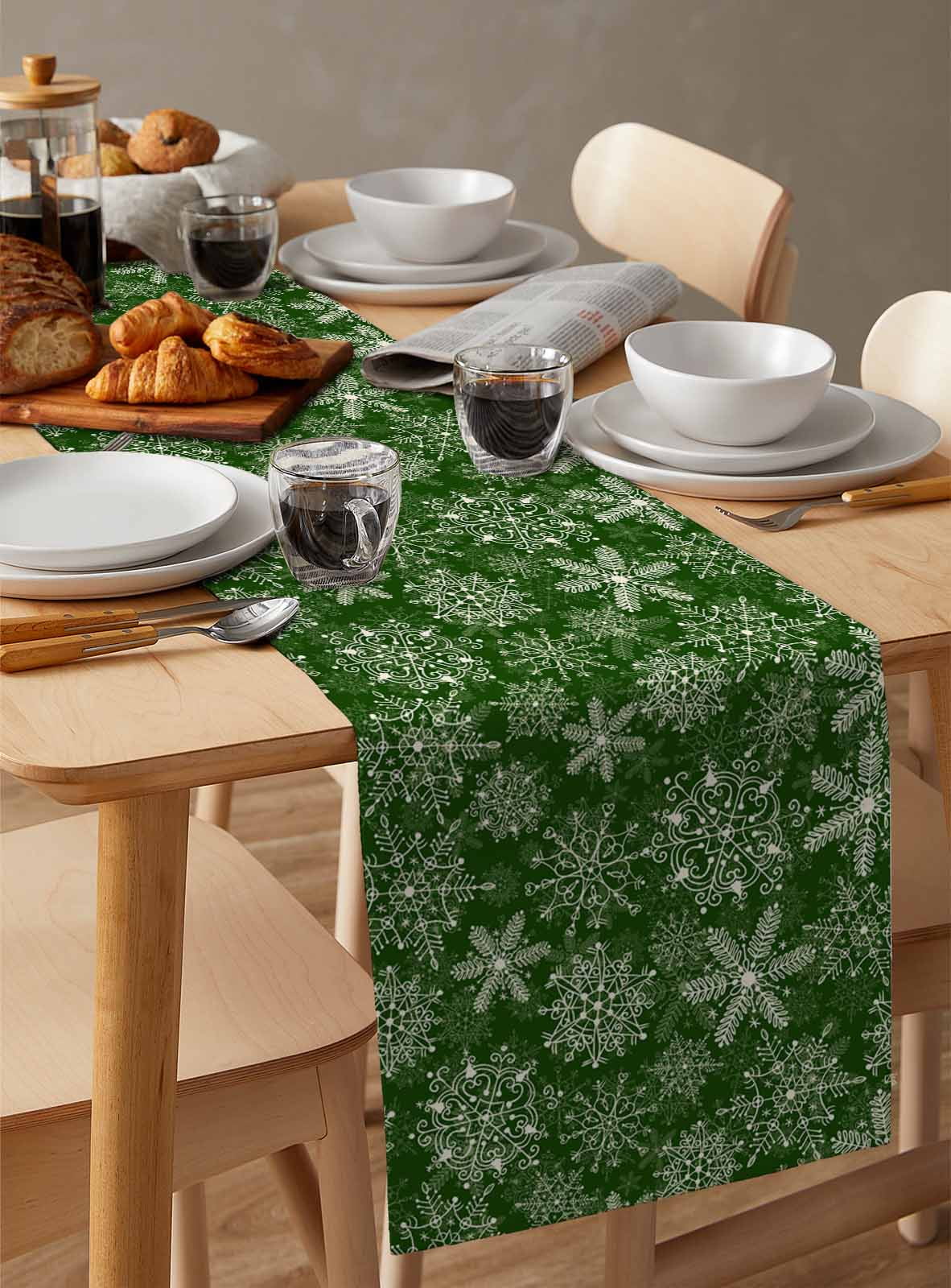 Green Snowflake Christmas Burlap-Cotton Table Runner 120 Inches Long,Xmas Snowflake Vintage Farmhouse Table Runners,Outdoor Dining Tablecloths Decor for Baby Shower Party Wedding 13x120