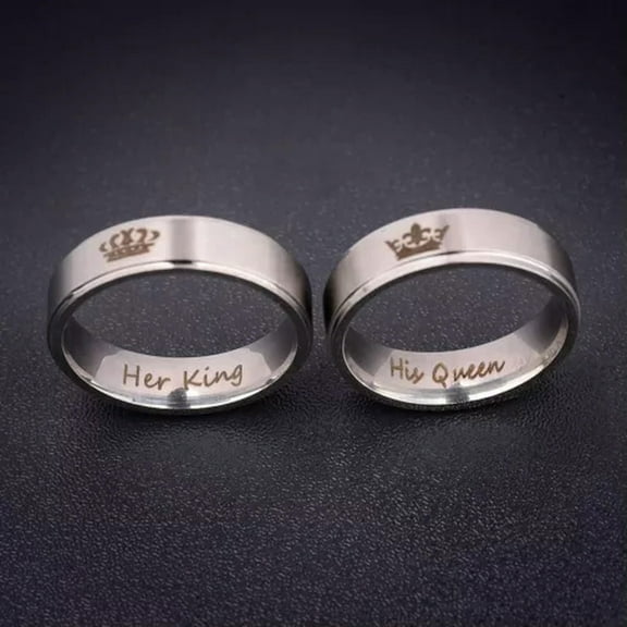 EOEMY His Queen And Her King Silver Stainless Steel Couple Engagement Rings (2 Pcs)-6-7