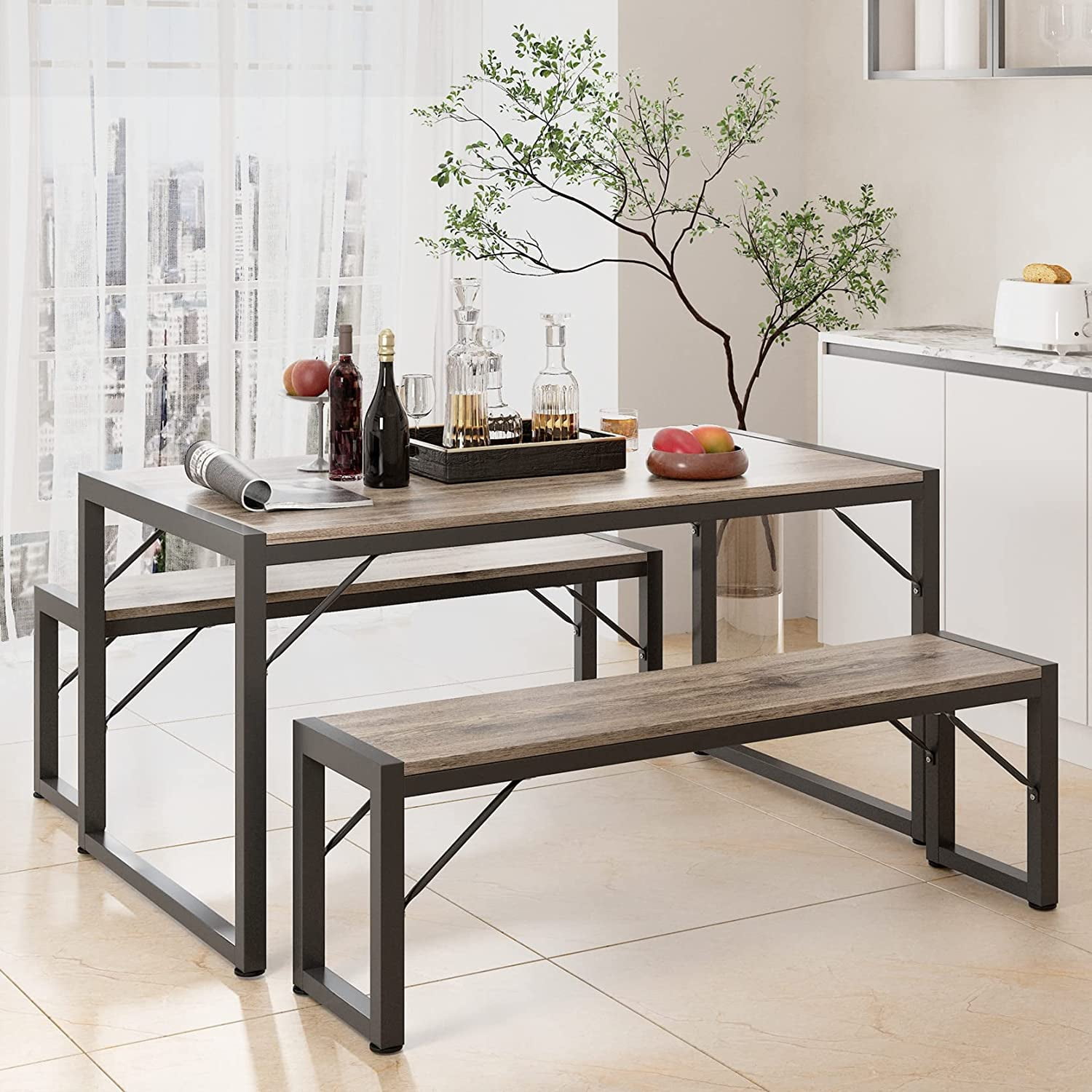 Aiho 30.4" H Dining Table Set for 4 with 2 Benches - Gray