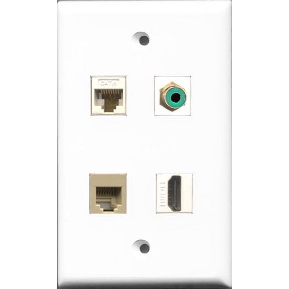RiteAV 1 Port HDMI and 1 Port RCA Green and 1 Port Phone RJ11 RJ12 Beige and 1 Port Cat6 Ethernet White Wall Plate
