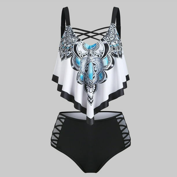 WILLBEST Traje de Baño control Abdomen Mujer Traje de Baño Tankini Entrecruzado con Volantes y Relleno Push-Up con Estampado Boh para Mujer