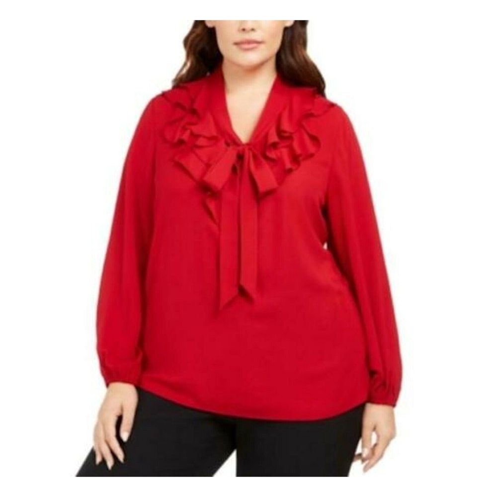 Kasper KASPER Womens Red Ruffled Long Sleeve Tie Neck Blouse Wear To