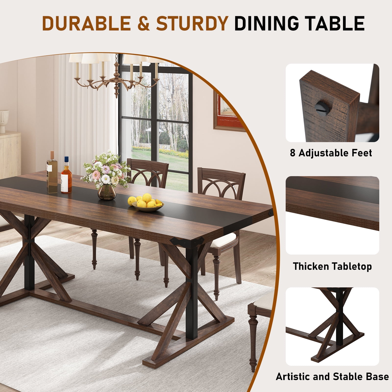 Blotout 71" Modern Farmhouse Dining Table for 6-8 Person, Rectangular Wood Dining Table with Adjustable Feet, Kitchen Table for Dining Room, Gathering, Kitchen (Brown)