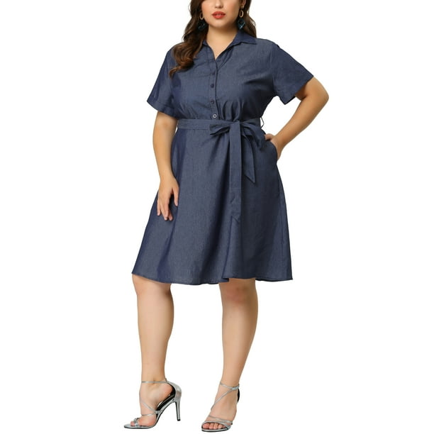 Women's Plus Size Dress Wrap Belted Turndown Collar Chambray Dress Black Blue 3X