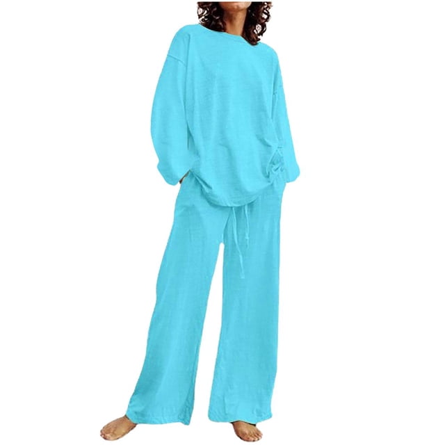 CHOK Cotton Linen Sets for Women 2 Piece Long Sleeve Lounge Set Lightweight Pants Spring Summer Outfits