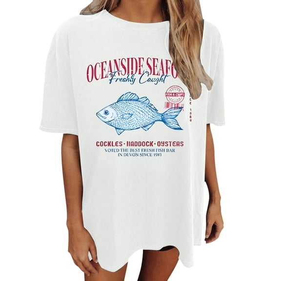 SONXAHE Women's Seafood Fish Graphic T-Shirt Oversized Short Sleeve Casual Summer Everyday Tee