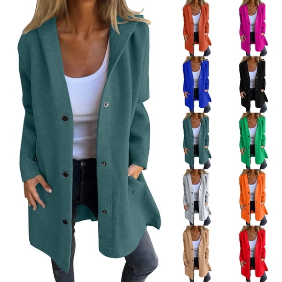 Women's Casual Single Breasted Trench Coat, Hooded Longline Jacket for Fall Winter, Loose Fit Long Sleeve Outwear for Daily Street Style-JN