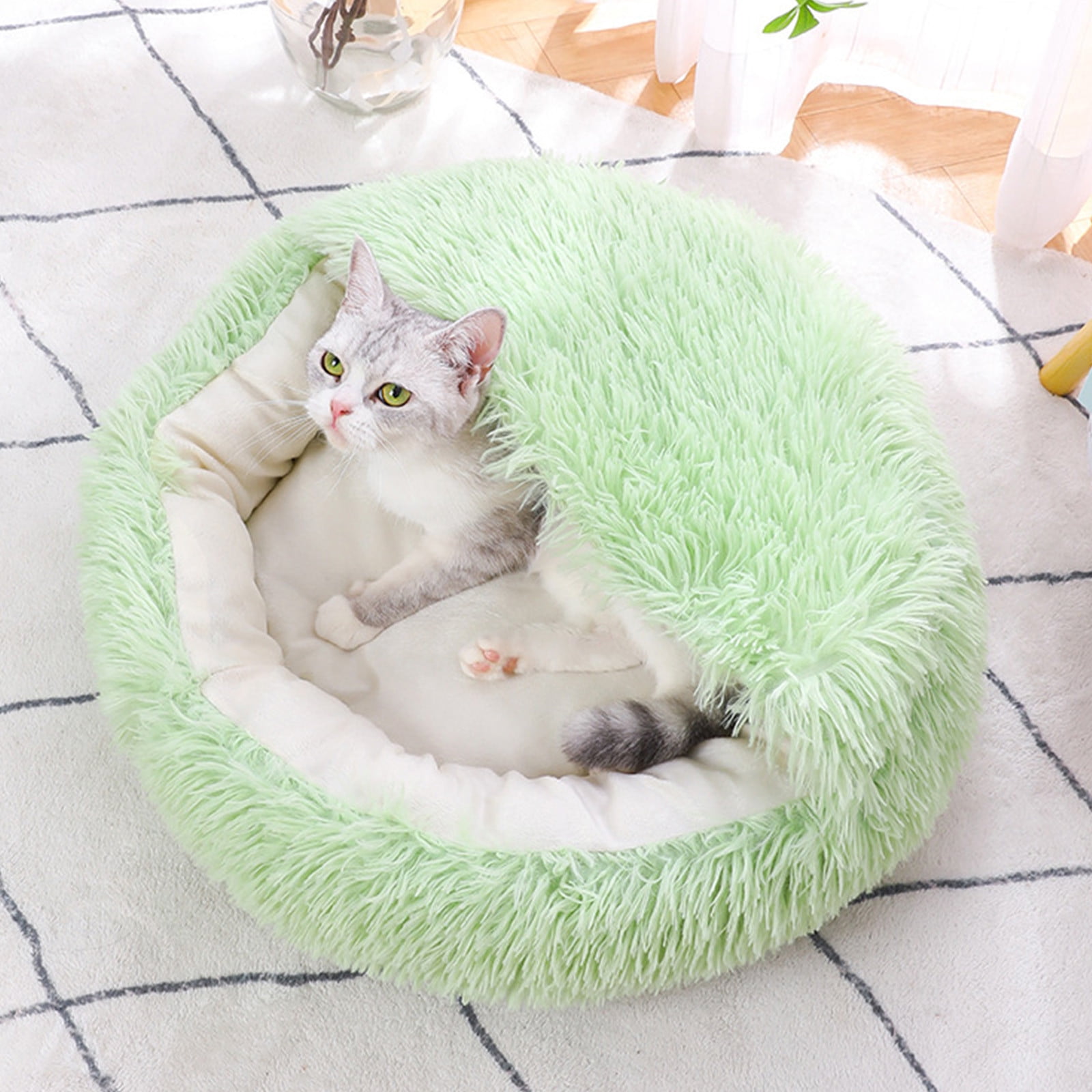 YUNAFFT Cat Bed Round Plush Fluffy Hooded Cat Bed Cave, Cozy for Indoor Cats or Small Dog beds, Soothing Pet Beds Doughnut Calm Anti-nxiety Dog Bed - Waterproof Bottom Washable
