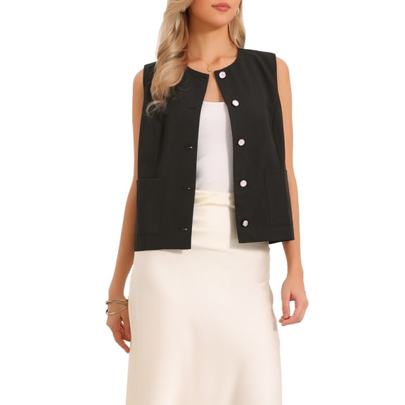 Vest Tops for Women Sleeveless Button Down Crew Neck Trendy Business Casual Waistcoat Top XS Black