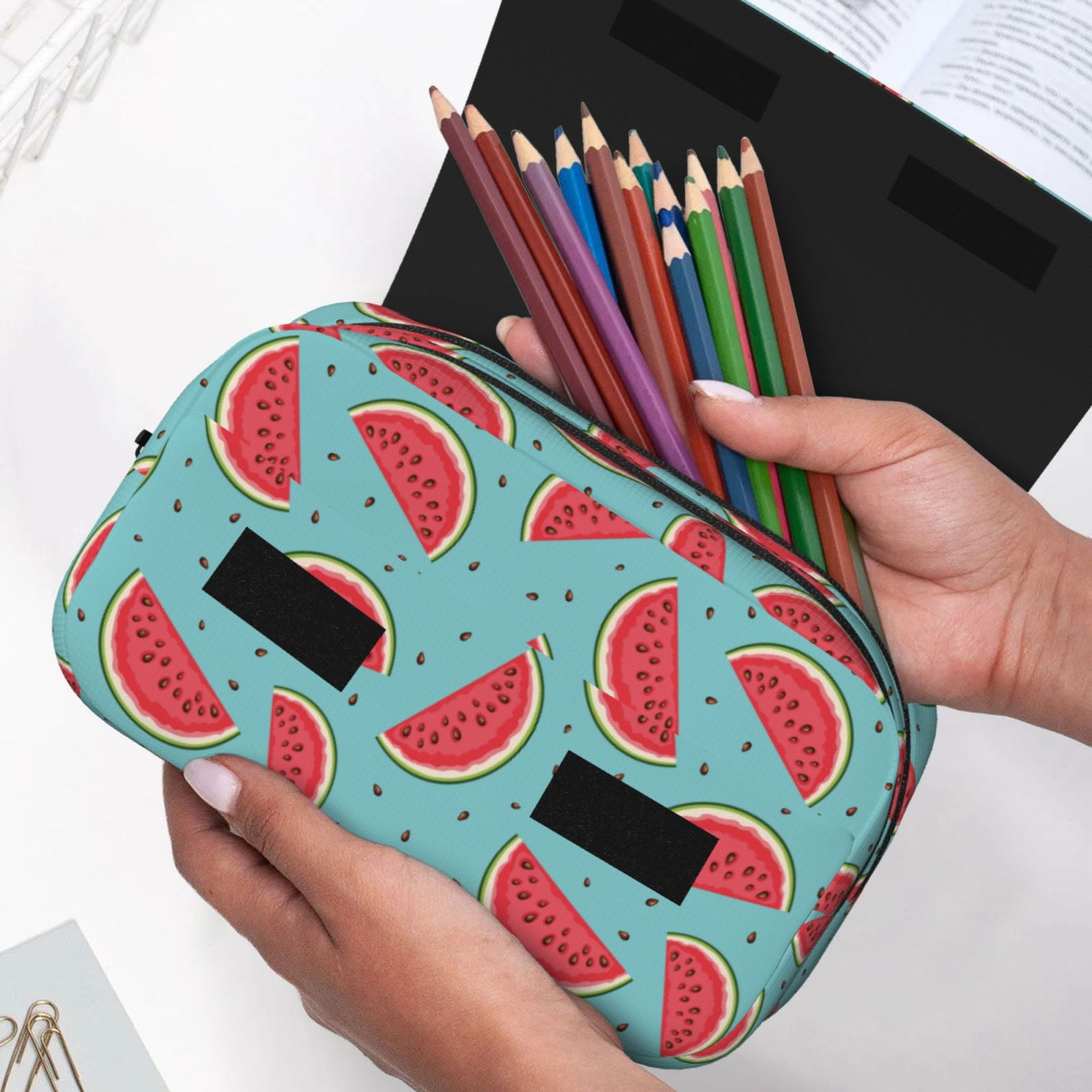 Rateoe Watermelon Pattern Double Clamshell Pen Case, Storage Organizer with Two Zipper Compartments– Holds Up to 50 Pencils & Pens