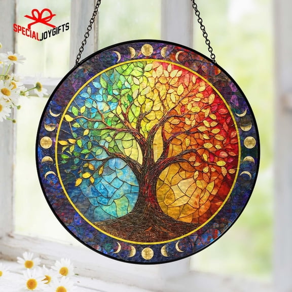 Tree of Life Stained Glass Suncatcher, Family Tree Suncatcher, Father's Day Gift for Dad, Suncatcher with Moon Phases, Mom Birthday Gifts