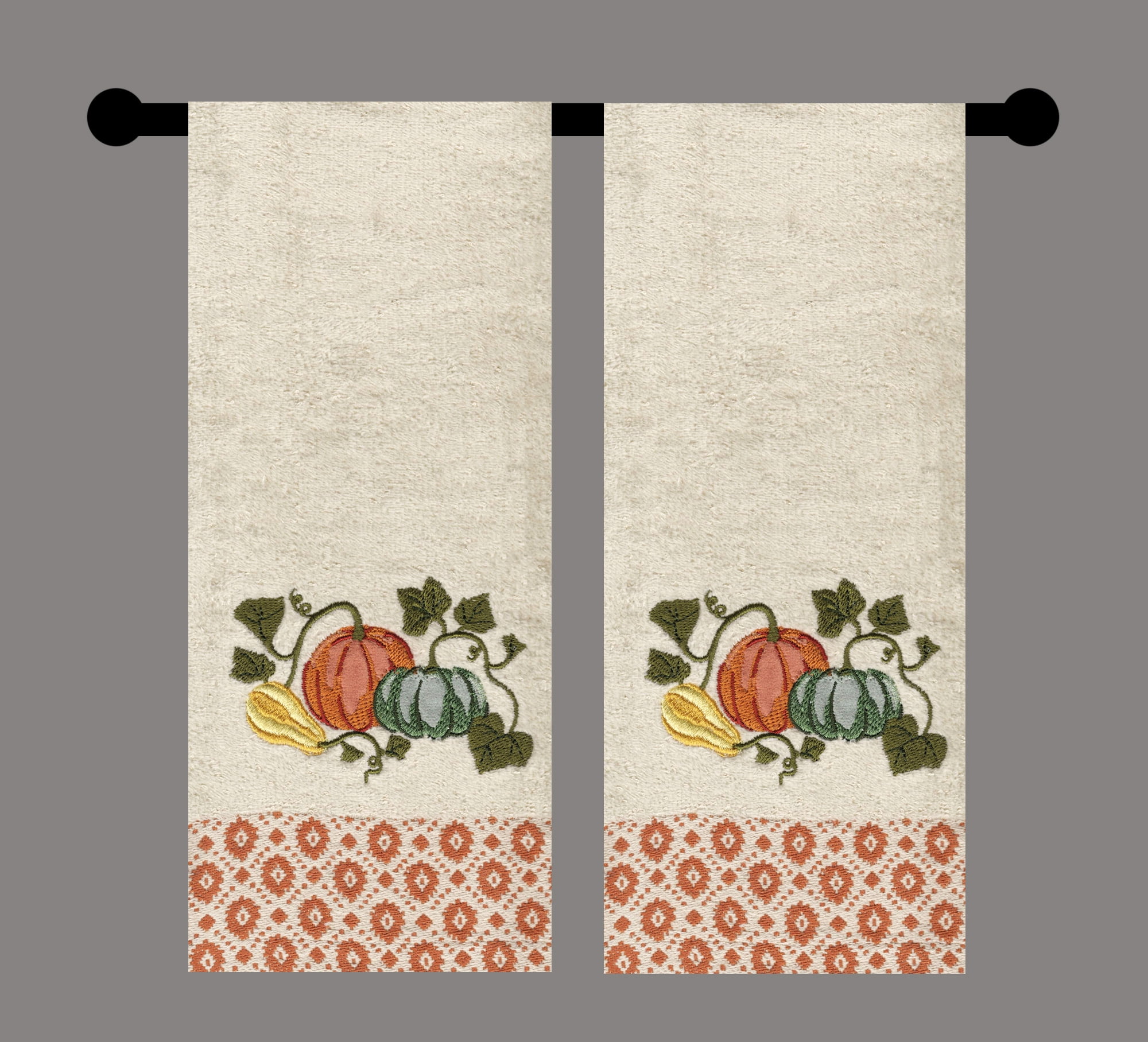 Beige Bath Hand Towels, 2 Piece, Fall Pumpkins Vines Celebrate Together