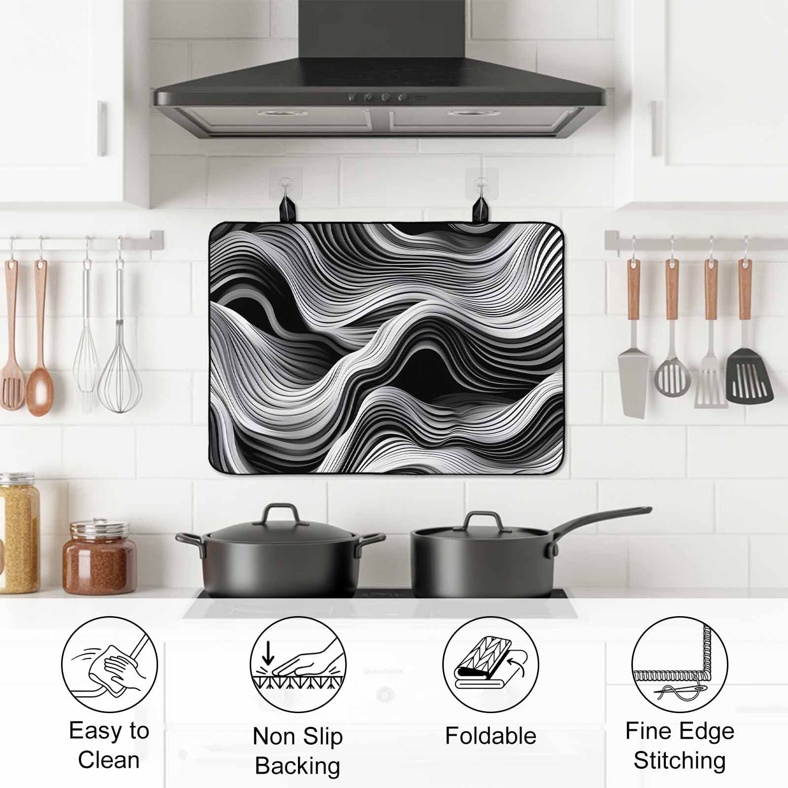 Abstract Waves Stove Top Cover for Electric Stove, Heat-proof & Non Slip Glass Top Stove Cover Protector, Black Grey Modern Geometric Striped Kitchen Flat Cooktop Rubber Mat 24x21 Inches