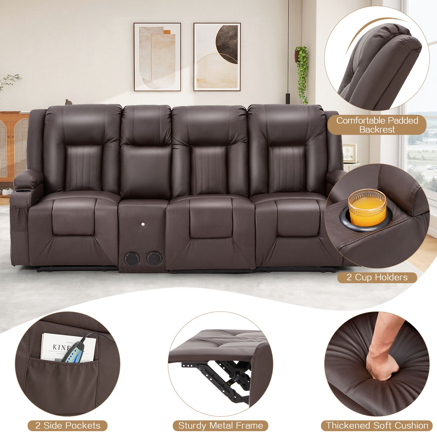 AECOJOY Reclining Sofa with Console&Bluetooth Speakers, Manual RV Recliner Couch with USB Ports&4 Cup Holders, 2 Side Pockets Recliners on Clearance Home Theater Seating, Fuax Leather, Brown
