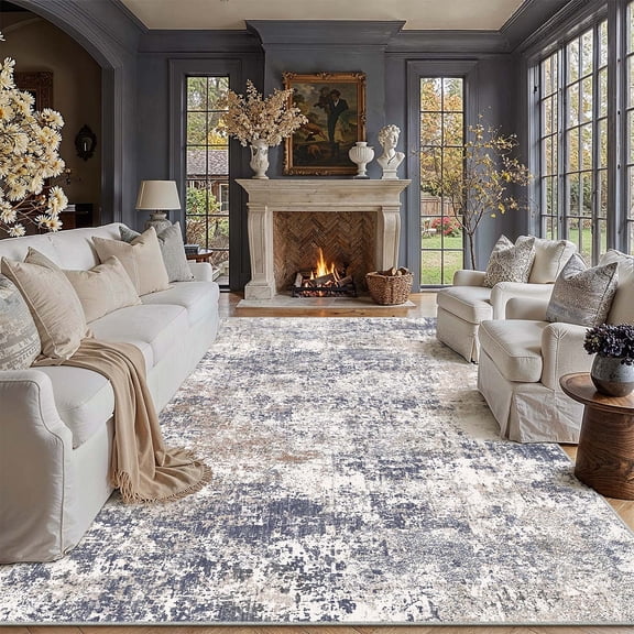 BERTHMEER 8'x10' Abstract Area Rugs Large Washable Rugs for Living Room Bedroom Dining Room Office Farmhouse Distressed Machine Washable Non-slip, Blue