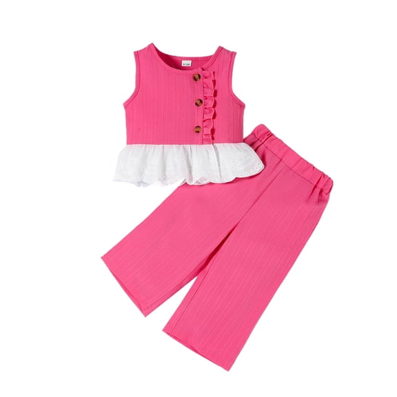 Baby Girls Summer Outfits Sleeveless Lace Ruffles Vest T Shirt Tops Solid Pants Casual 2 Piece Fall Outfits Size 9-12 Months