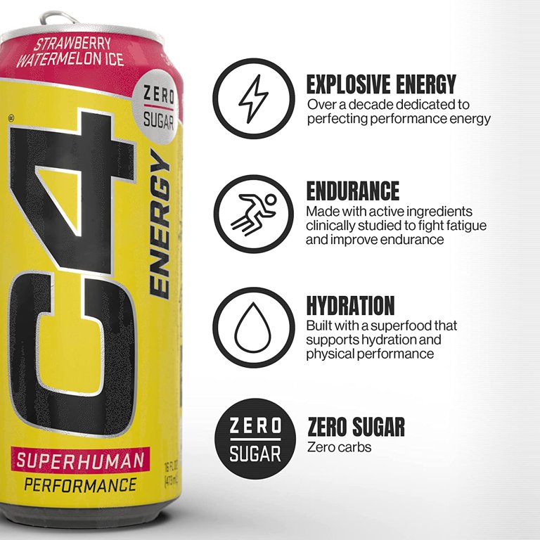 Cellucor C4 Energy Drink 16oz (12-Pack) - Strawberry Watermelon Ice -  Sugar-Free, No Artificial Colors