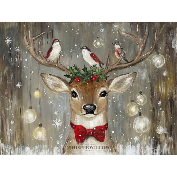 Velto Holiday Deer With Birds And Holly, Rustic Winter Animal Art, Holiday Reindeer Snowflakes Lights Decor Canvas, 8x10 UNFRAMED