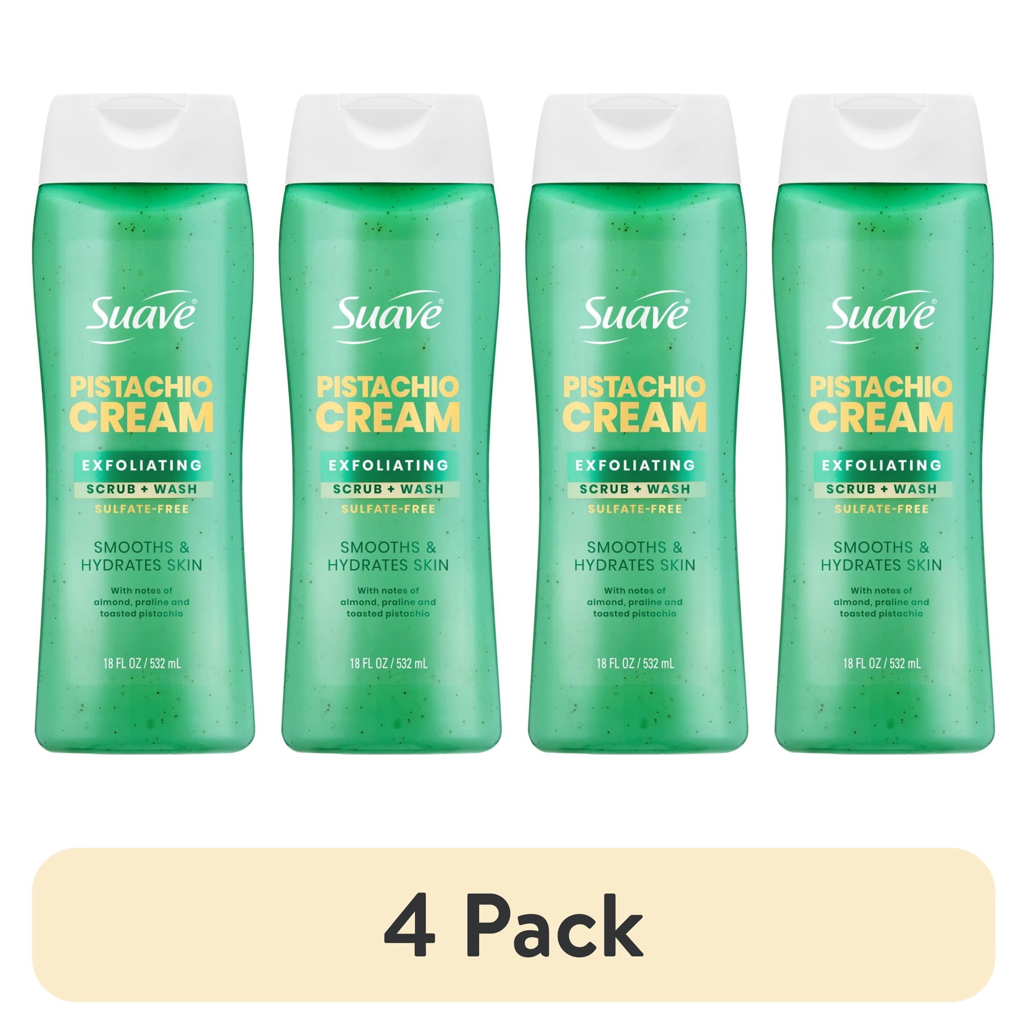 (4 pack) Suave Pistachio Cream Exfoliating Body Wash & Scrub with Glycerin & Vitamin E, Sulfate-Free Hydrating Cleanser for Soft, Smooth Skin, 18 fl oz