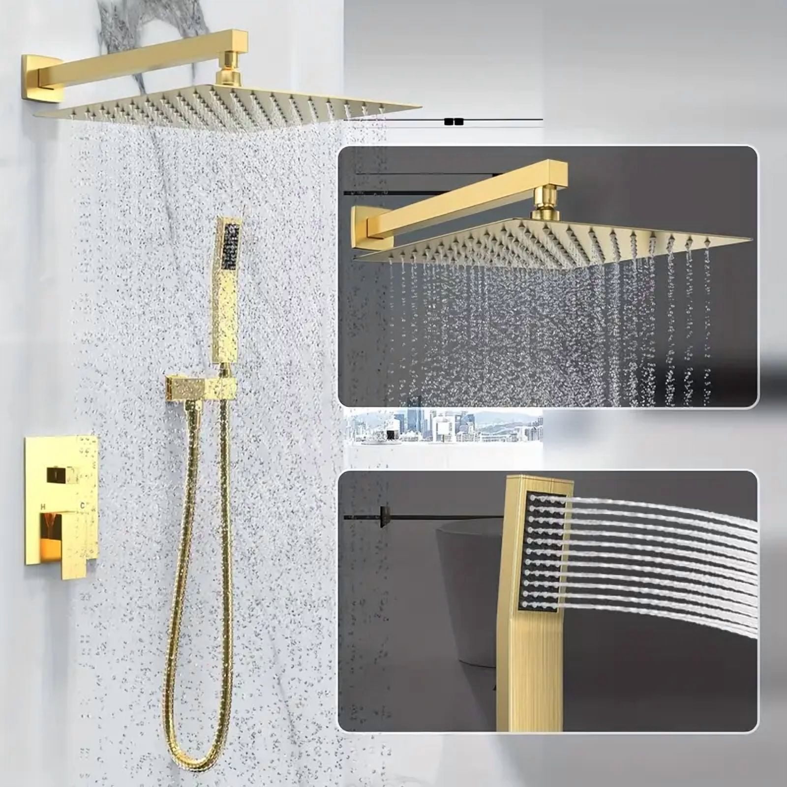 Brushed Gold Shower Faucet Set with Valve 8 inch Rain Shower Head Combo System