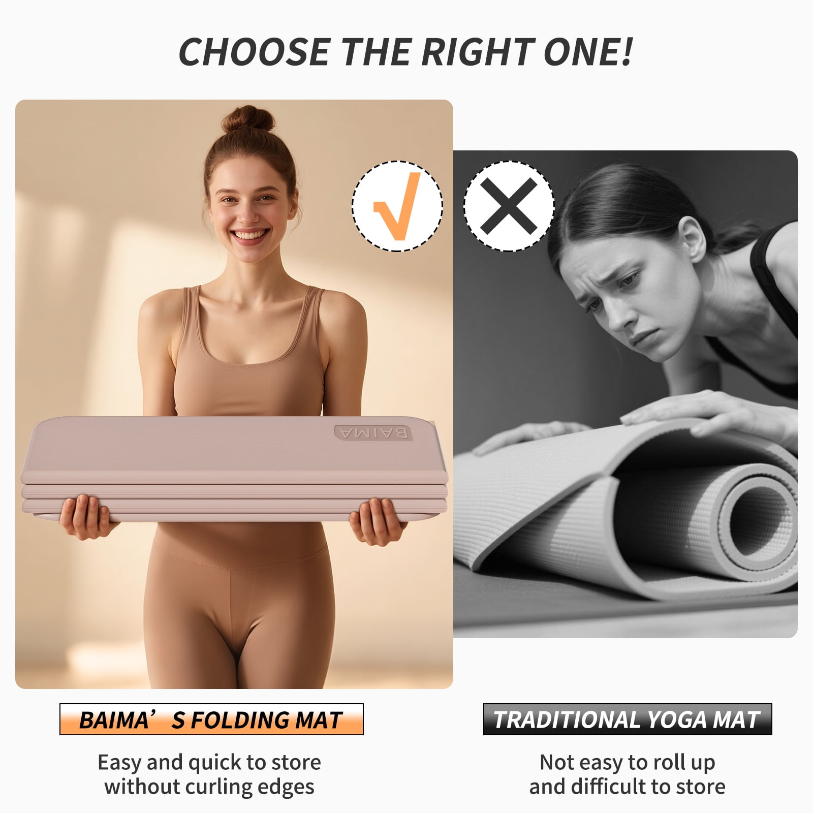BAIMA Stretching Foldable Yoga Mat 10mm Thick,Workout Mats for Home Gym,Pilates,Quick Unfold/Stor,Non-Slip Surface,3.5lbs(Apricot)