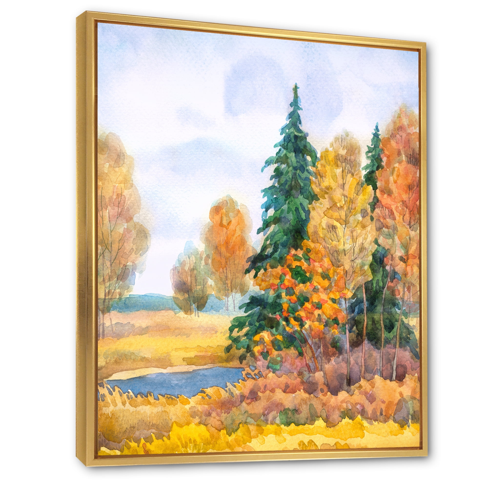 Designart 'Autumn Forest By The Lake Side V' Lake House Framed Canvas Wall Art Print