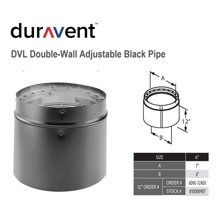 DuraVent 6DVL-12ADJ DVL Double-Wall Adjustable Black Stove Pipe, Connects Wood  Stoves to Chimney, Stainless Steel Inner Wall, Galvanized Outer, 12  Length, 6 Inner Diameter - Walmart.com