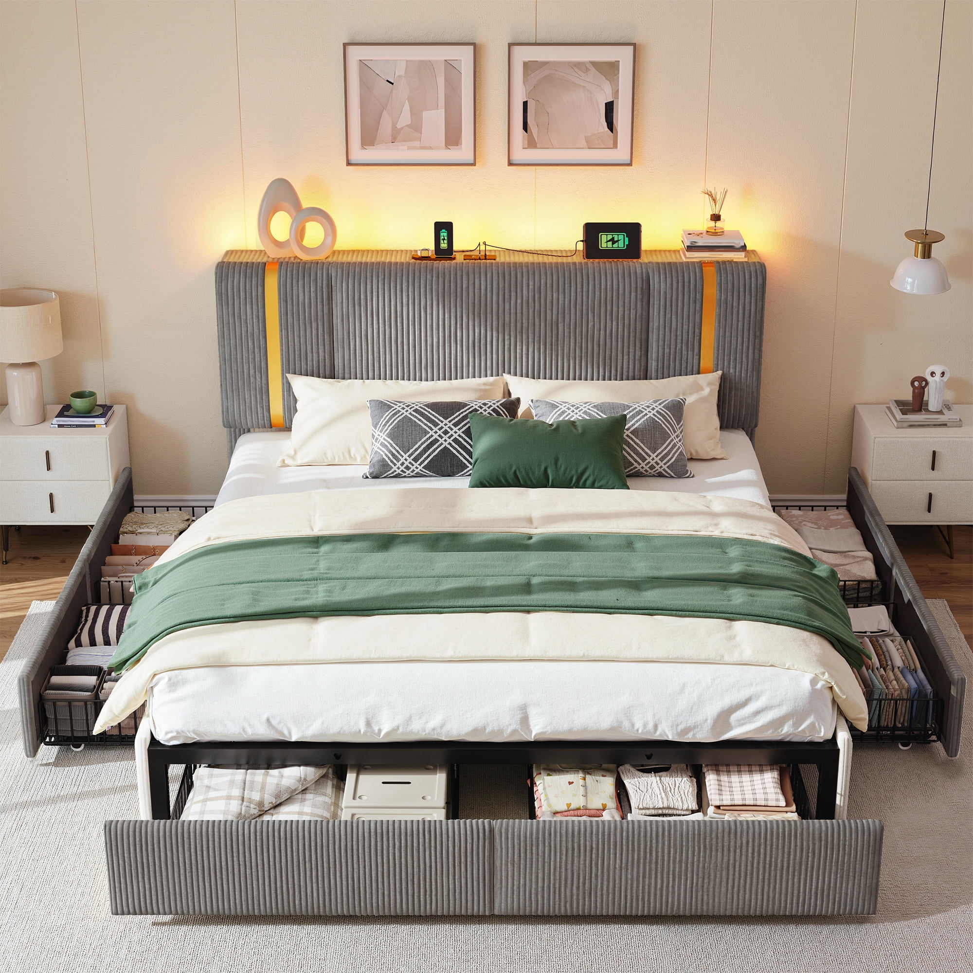 Upholstered Bed Frame with 6 Storage Drawers King Size Storage Bed Frame with LED Lights & Charge Station & Shelf & Adjustable Headboard,Grey