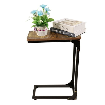 YouLoveIt C Shaped End Table for Sofa Couch and Bed Laptop Table Retro Brown Couch Table with Metal Frame, Small TV Tray Table Desktop C Table for Living Room, Bedroom
